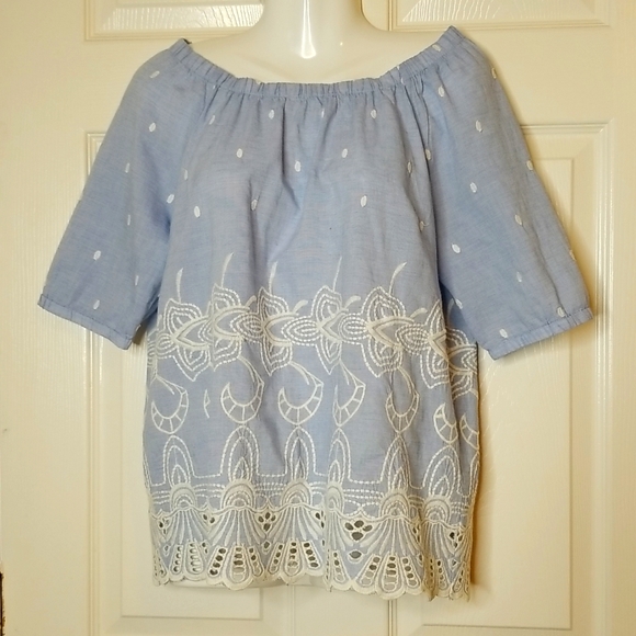 Talbots Tops - Talbots Womens Elastic Round Neck Light Blue White Lace Eyelet Shotsleeve Shirt